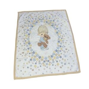 Vintage Precious Moments Quilted Baby Blanket Boy Teddy Bear Stars Blue Tan